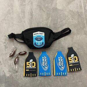 Bud Light Fanny Pack Black with 4 Bottle covers, and 3 football bottle openers